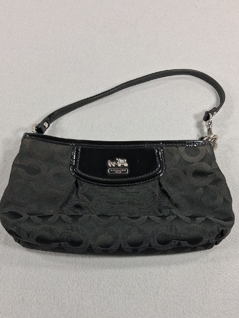 Coach Black Signature Jacquard Wristlet with Patent Trim